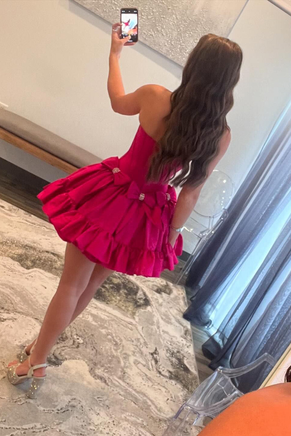 Pink Homecoming Dress A Line Corset Strapless Short Cocktail Dresses With Bows