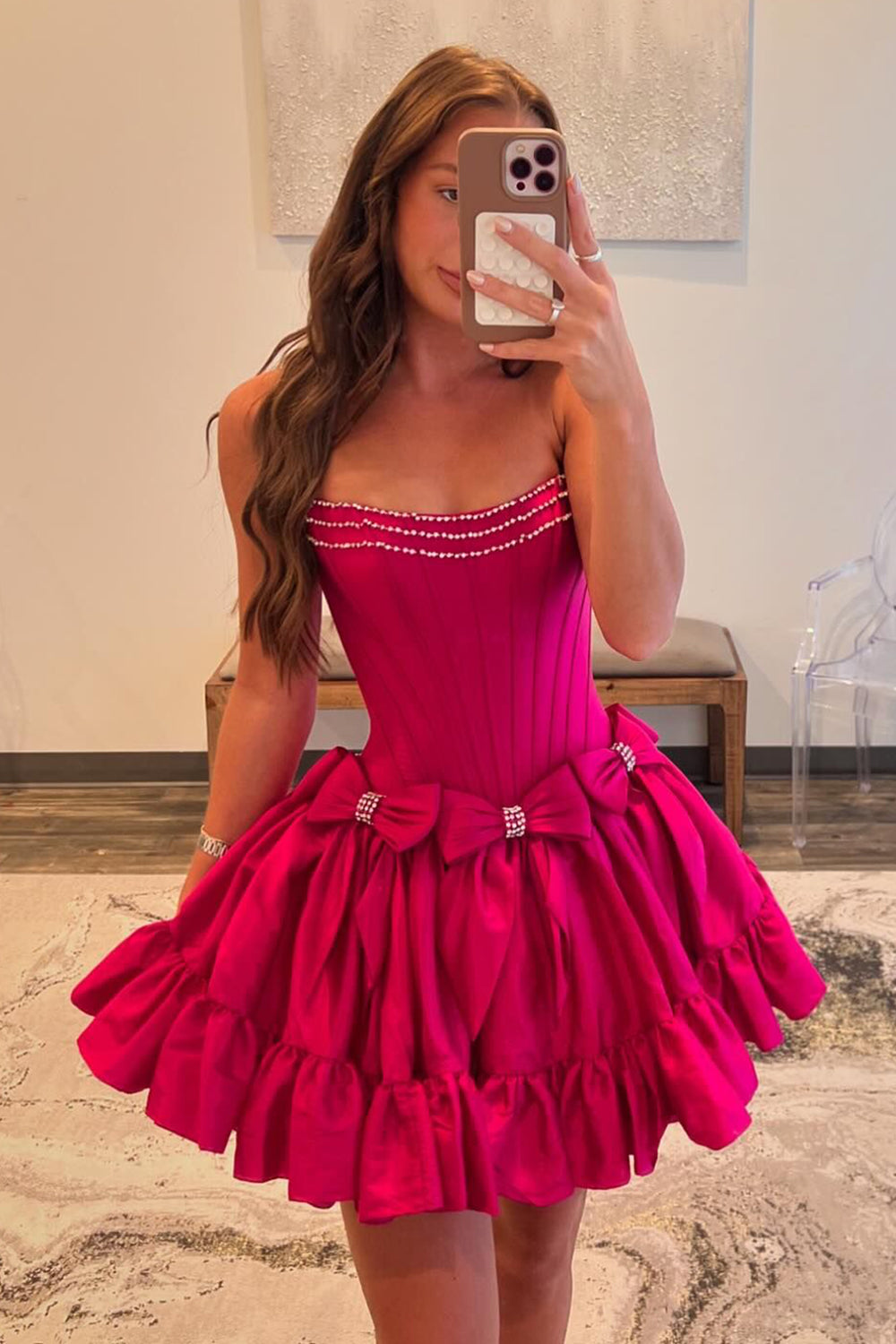 Pink Homecoming Dress A Line Corset Strapless Short Cocktail Dresses With Bows