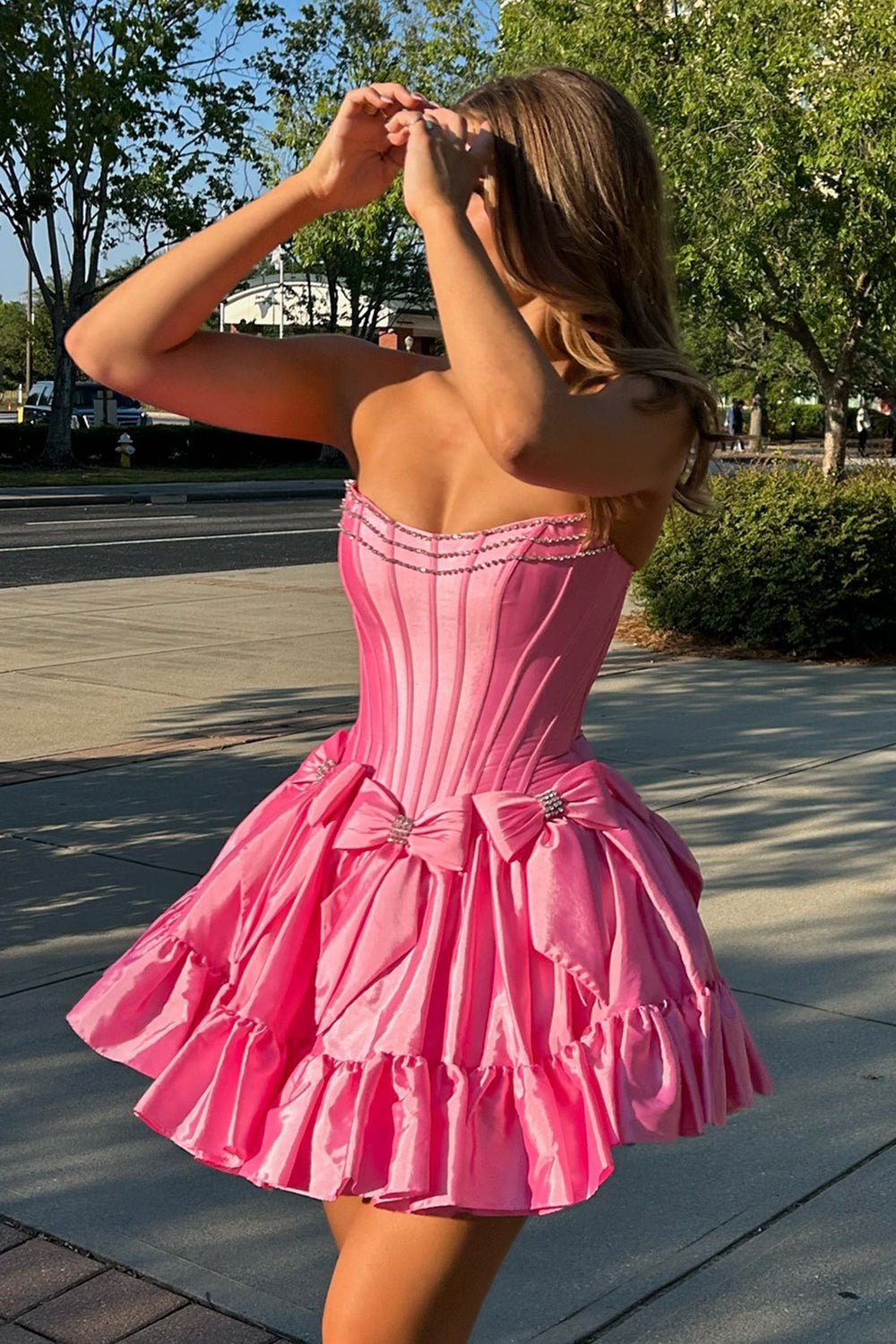 Pink Homecoming Dress A Line Corset Strapless Short Cocktail Dresses With Bows