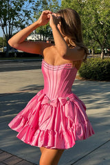 Pink Homecoming Dress A Line Corset Strapless Short Prom Dress With Bows