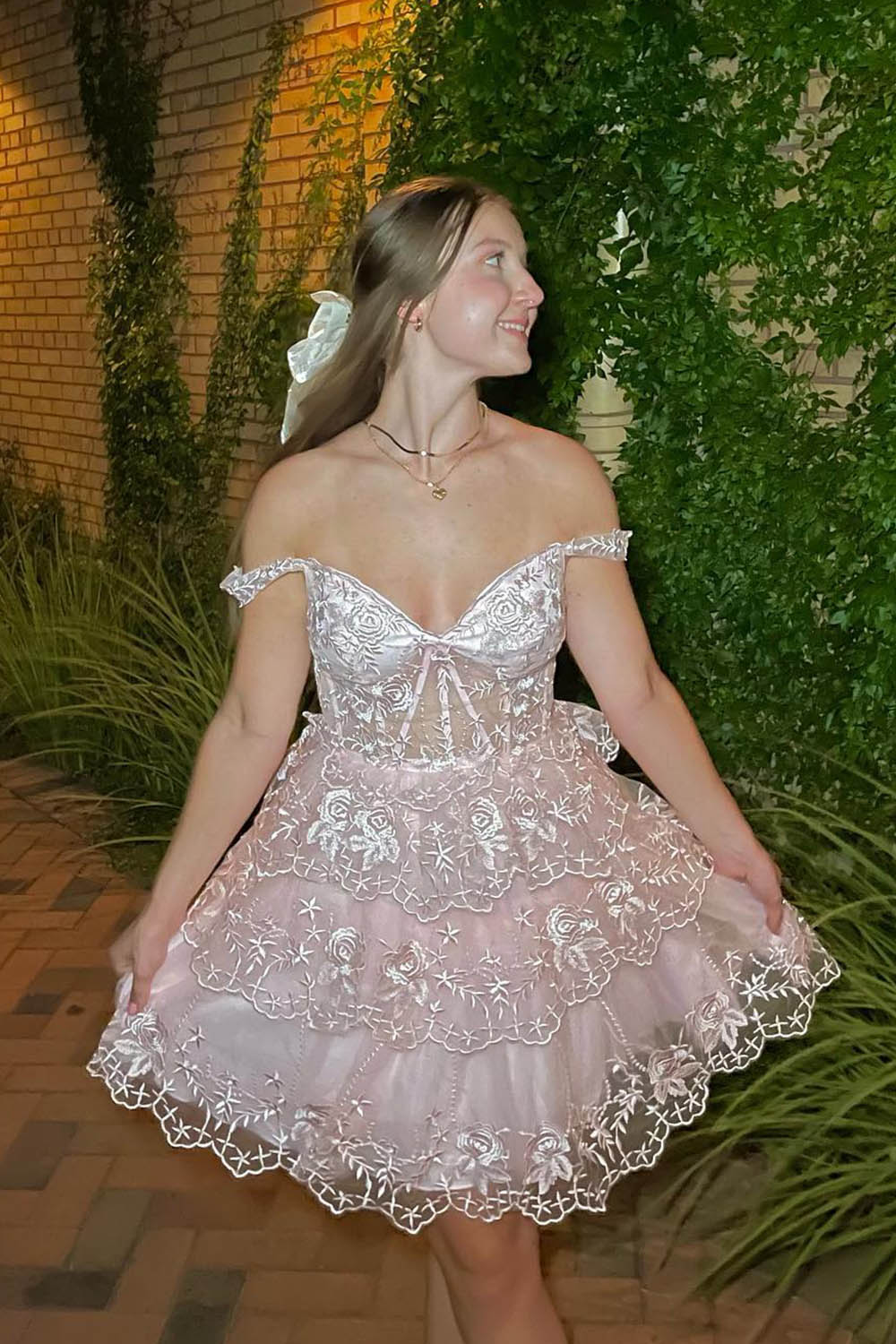 Pink Homecoming Dress A-Line Off the Shoulder Tiered Short Prom Dress