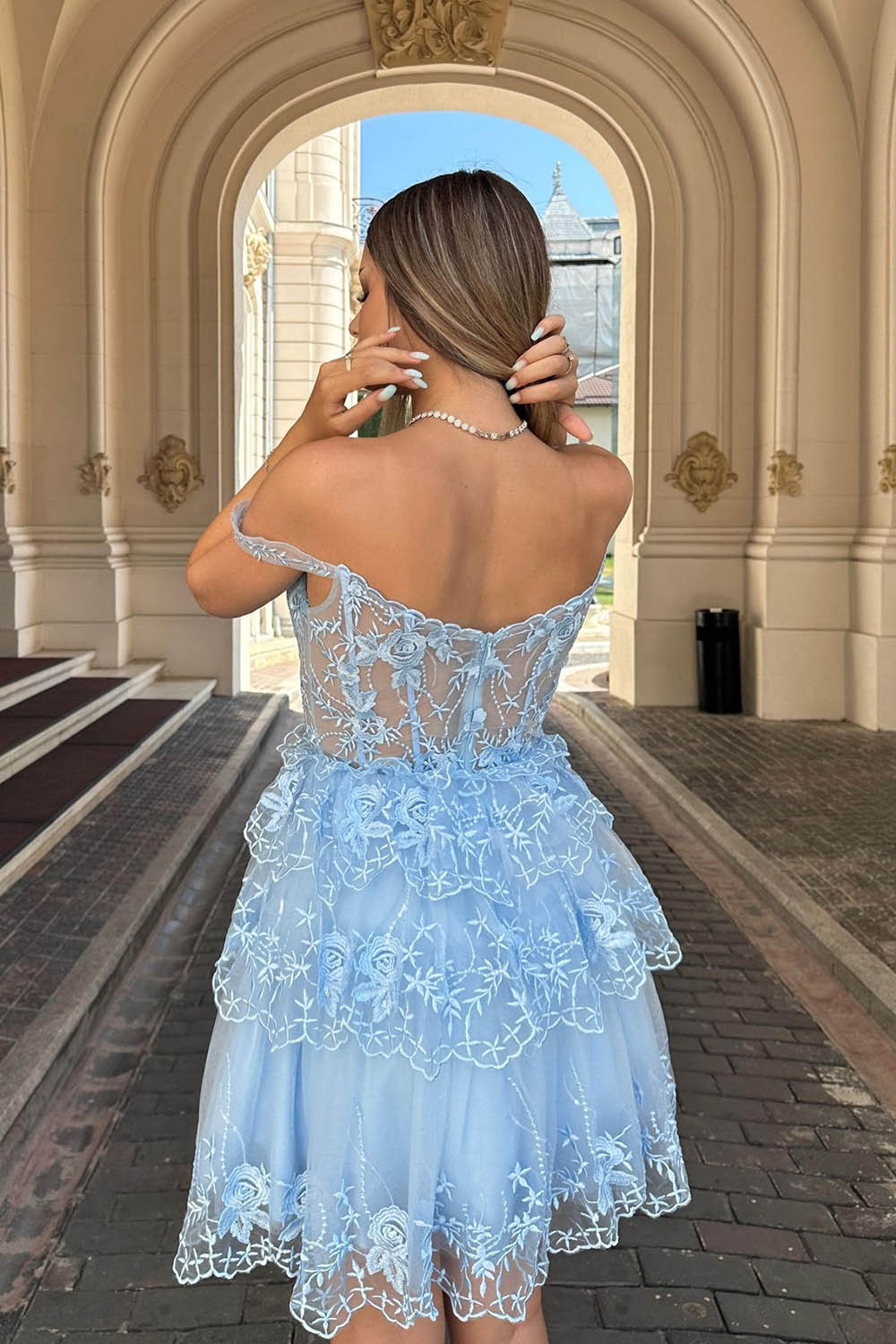 Pink Homecoming Dress A-Line Off the Shoulder Tiered Short Prom Dress