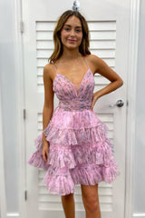Pink Homecoming Dress A Line Ruffled Spaghetti Straps Short Cocktail Dresses