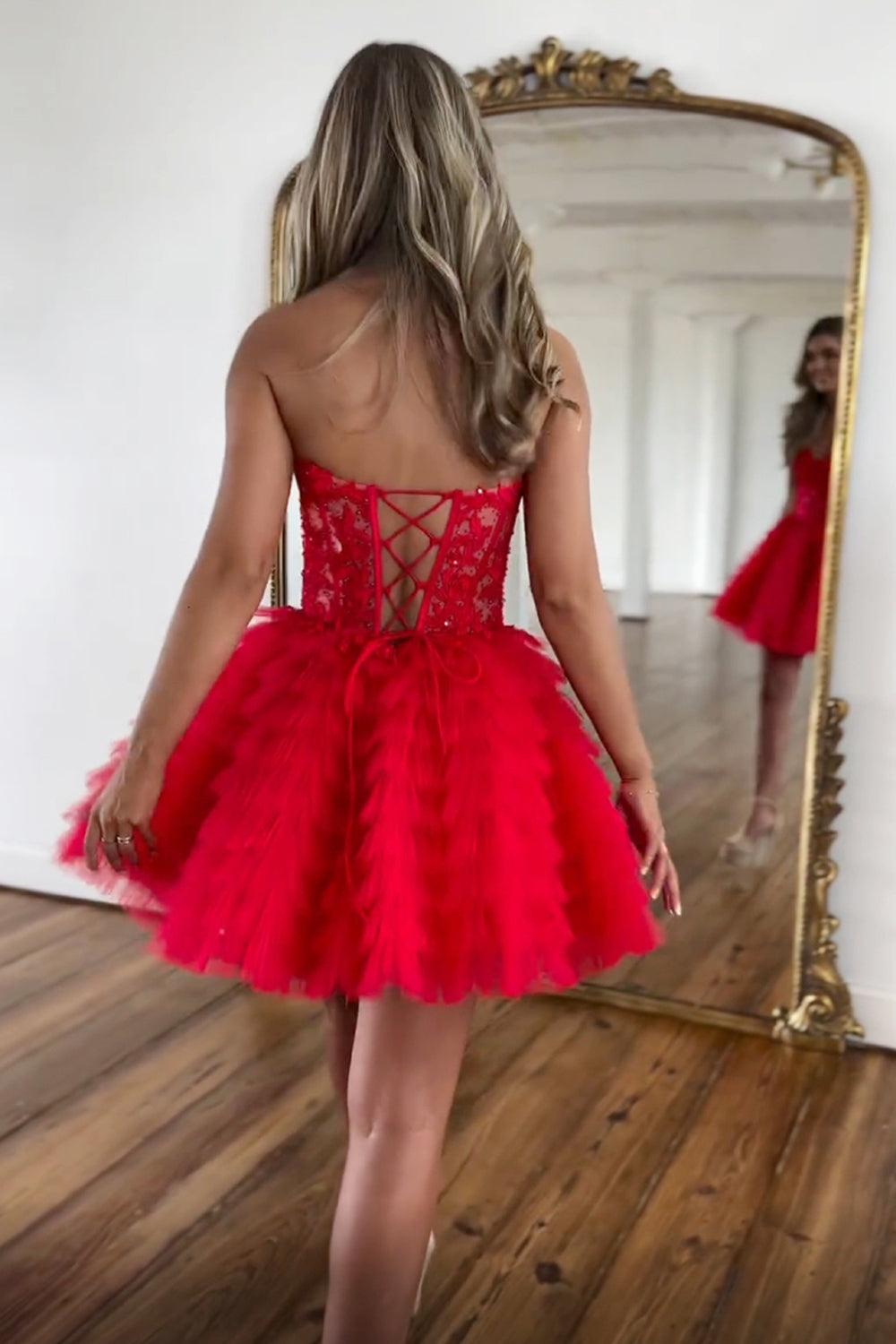 Pink Homecoming Dress A Line Strapless Tiered Short Cocktail Dresses With Appliques