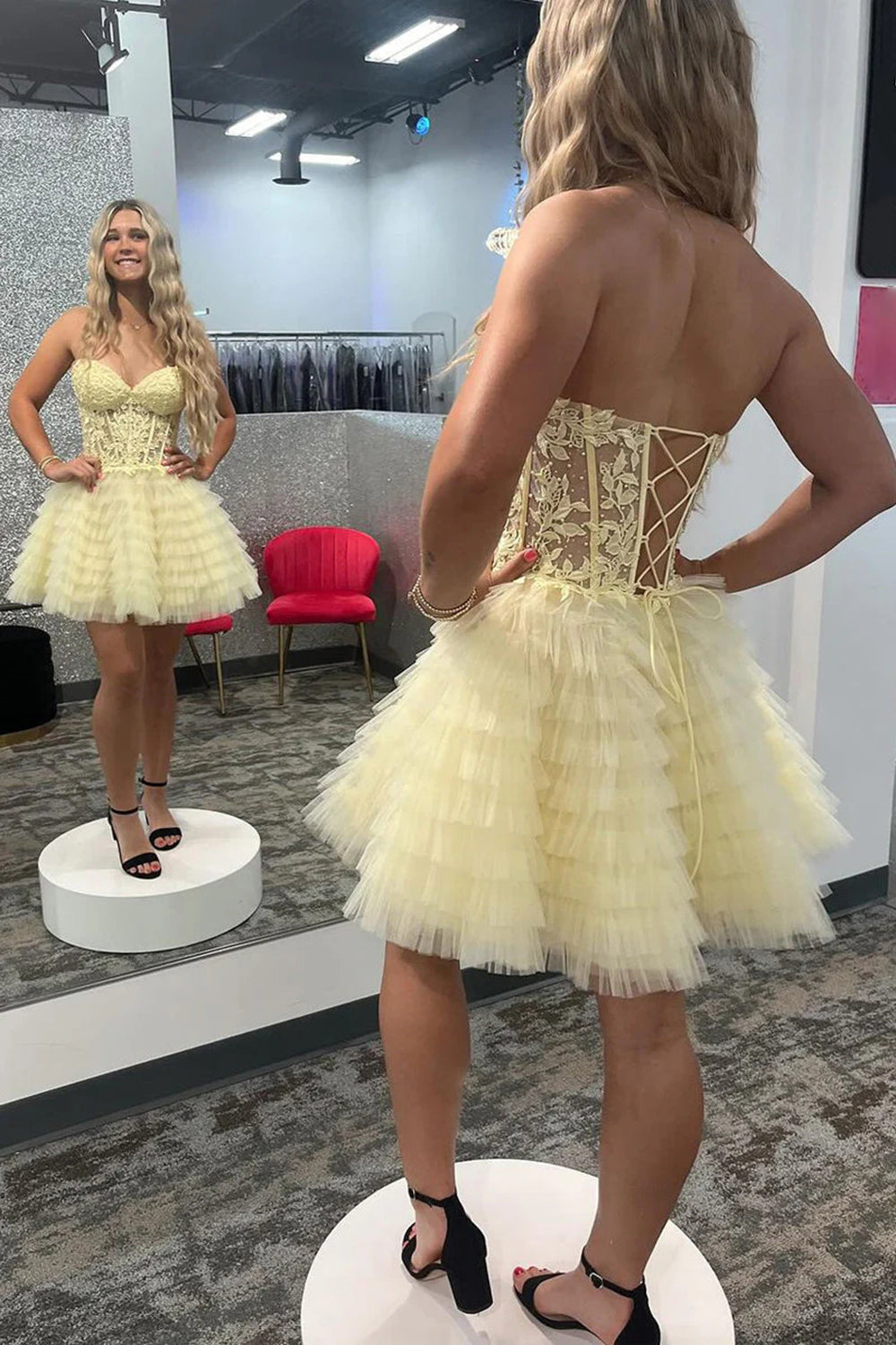 Pink Homecoming Dress A Line Strapless Tiered Short Cocktail Dresses With Appliques