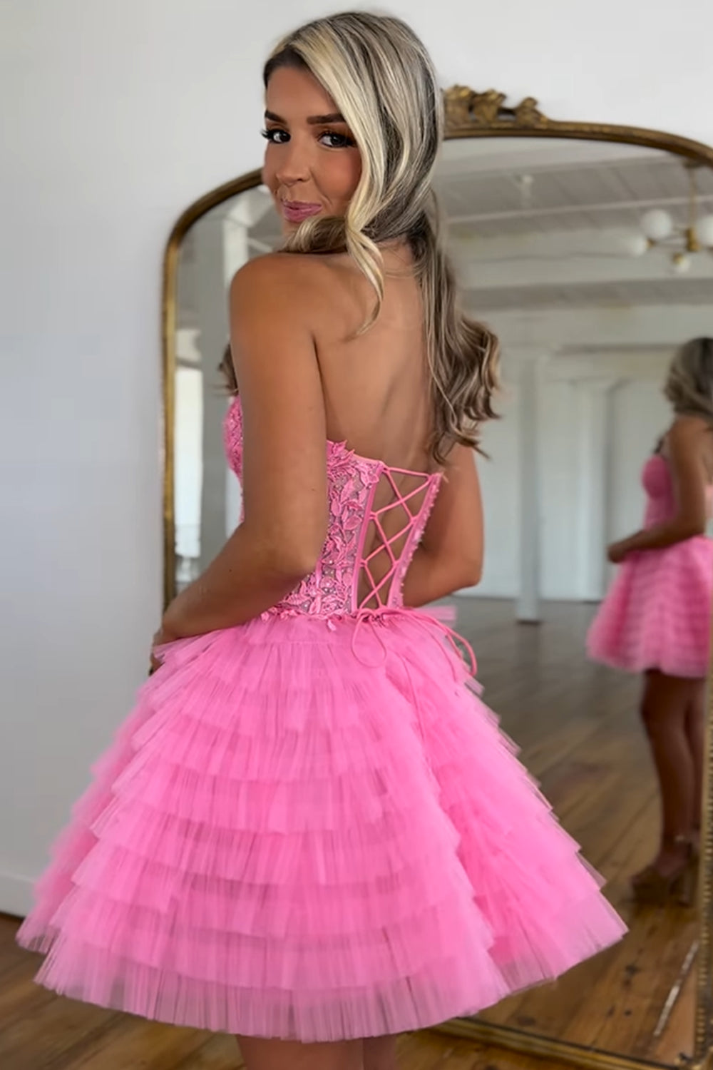 Pink Homecoming Dress A Line Strapless Tiered Short Cocktail Dresses With Appliques