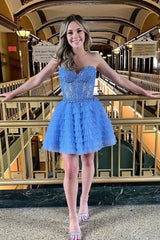 Pink Homecoming Dress A Line Strapless Tiered Short Cocktail Dresses With Appliques