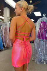 Pink Homecoming Dress Beaded Lace-Up Back Tight Short Prom Dress