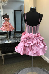 Pink Homecoming Dress Corset A Line Short Prom Dress With 3D Flowers