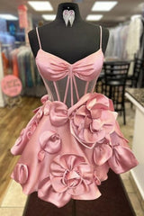 Pink Homecoming Dress Corset A Line Short Prom Dress With 3D Flowers