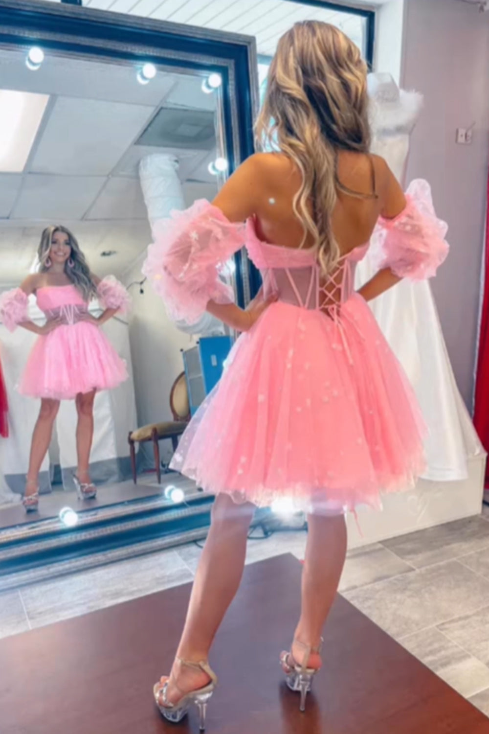 Pink Homecoming Dress Corset Detachable Sleeves A-Line Tulle Cocktail Party Dresses