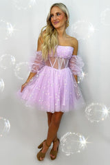 Pink Homecoming Dress Corset Detachable Sleeves A-Line Tulle Prom Dress
