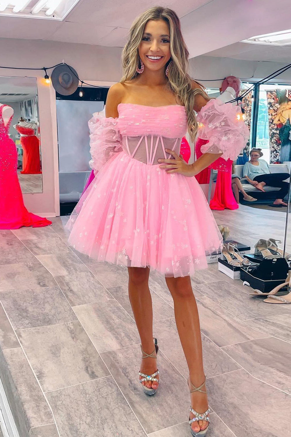 Pink Homecoming Dress Corset Detachable Sleeves A-Line Tulle Prom Dress