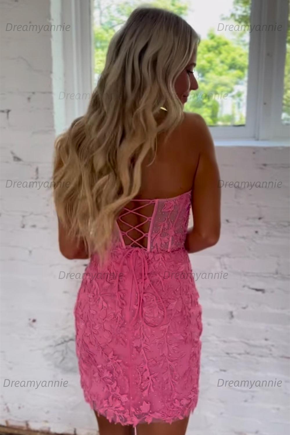 Pink Homecoming Dress Corset Lace Sweetheart Asymmetrical Tight Short Cocktail Dresses