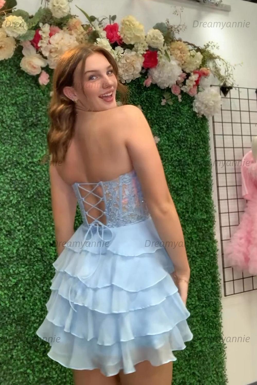 Pink Homecoming Dress Corset Strapless A Line Short Cocktail Dresses with Ruffles