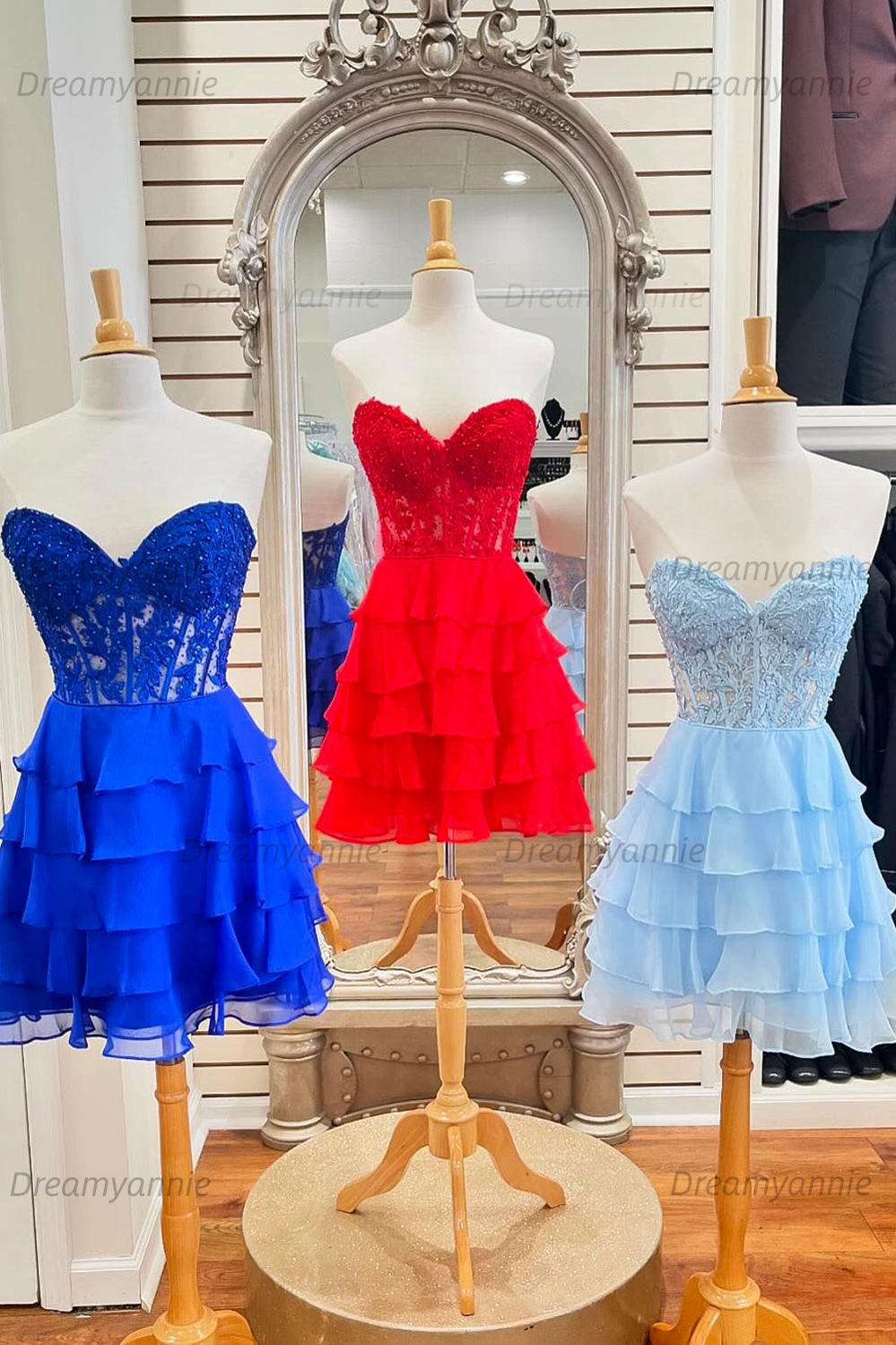 Pink Homecoming Dress Corset Strapless A Line Short Cocktail Dresses with Ruffles