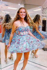 Pink Homecoming Dress Corset Sweetheart Flower A-Line Short Prom Dress with Ruffles