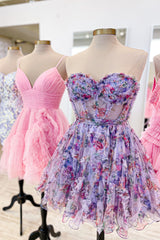 Pink Homecoming Dress Corset Sweetheart Flower A-Line Short Prom Dress with Ruffles