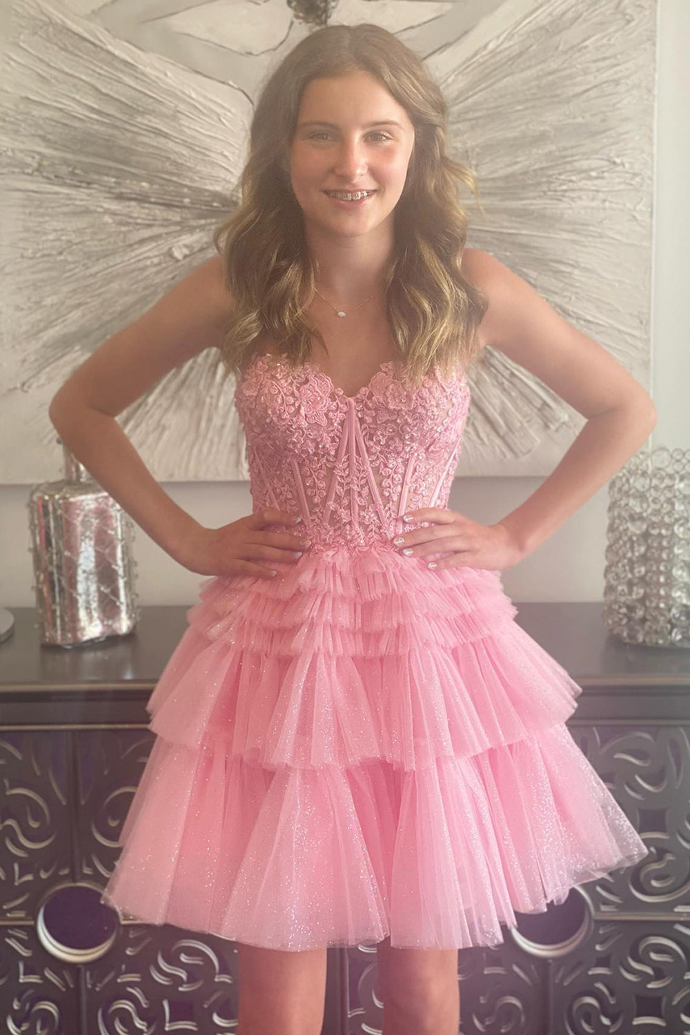 Pink Homecoming Dress Corset Tiered Short A-Line Tulle Cocktail Party Dresses with Lace
