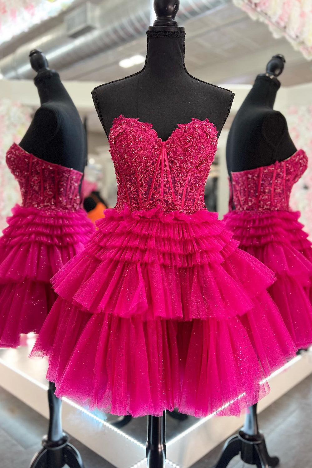 Pink Homecoming Dress Corset Tiered Short A-Line Tulle Cocktail Party Dresses with Lace