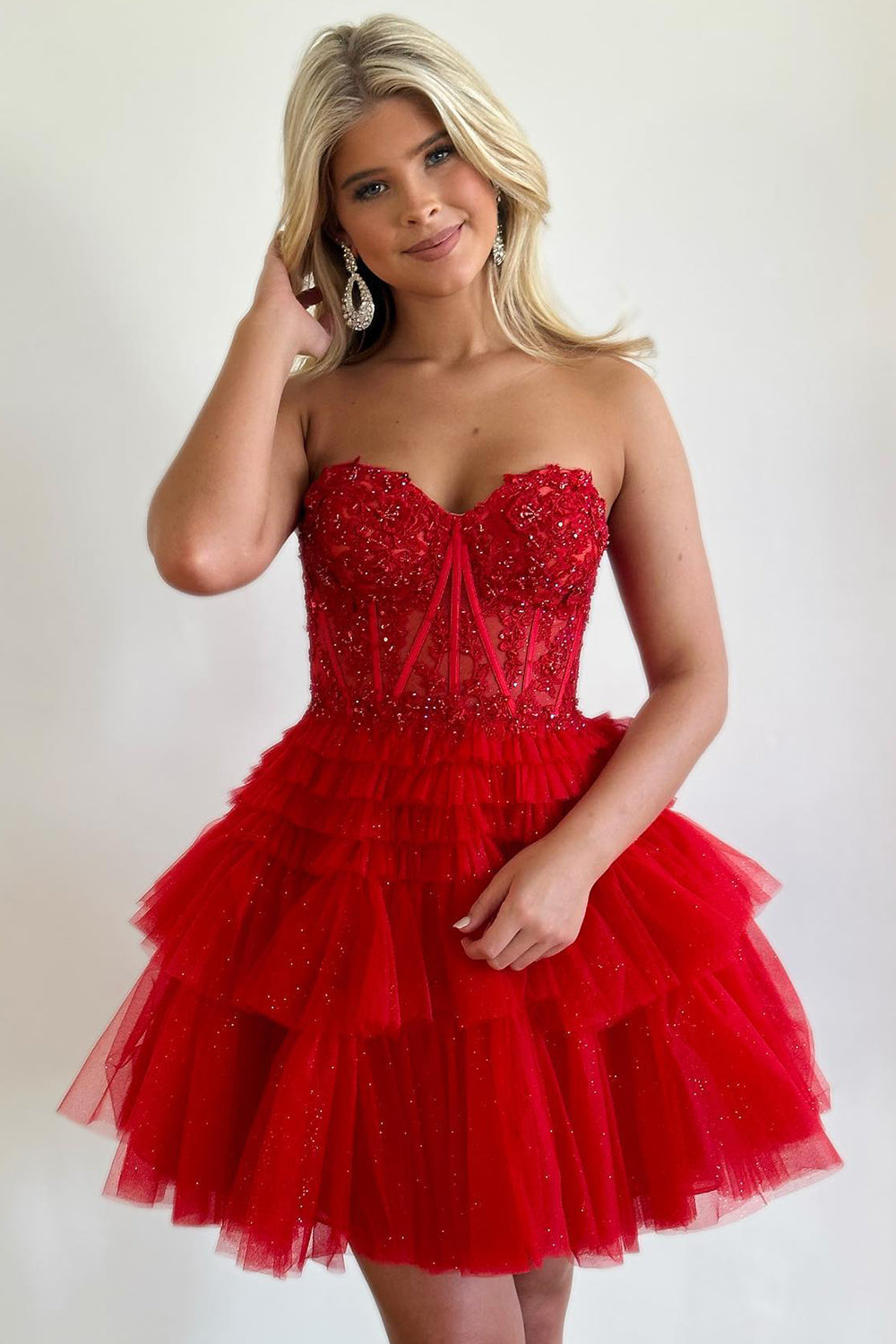 Pink Homecoming Dress Corset Tiered Short A-Line Tulle Cocktail Party Dresses with Lace