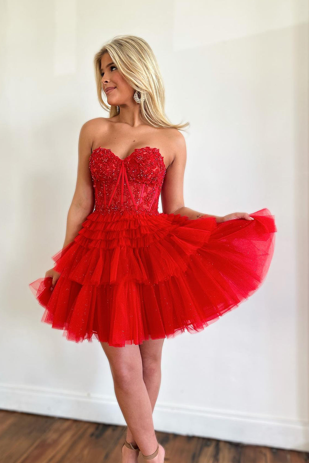 Pink Homecoming Dress Corset Tiered Short A-Line Tulle Cocktail Party Dresses with Lace