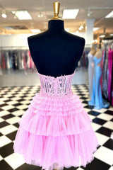 Pink Homecoming Dress Corset Tiered Short A-Line Tulle Cocktail Party Dresses with Lace