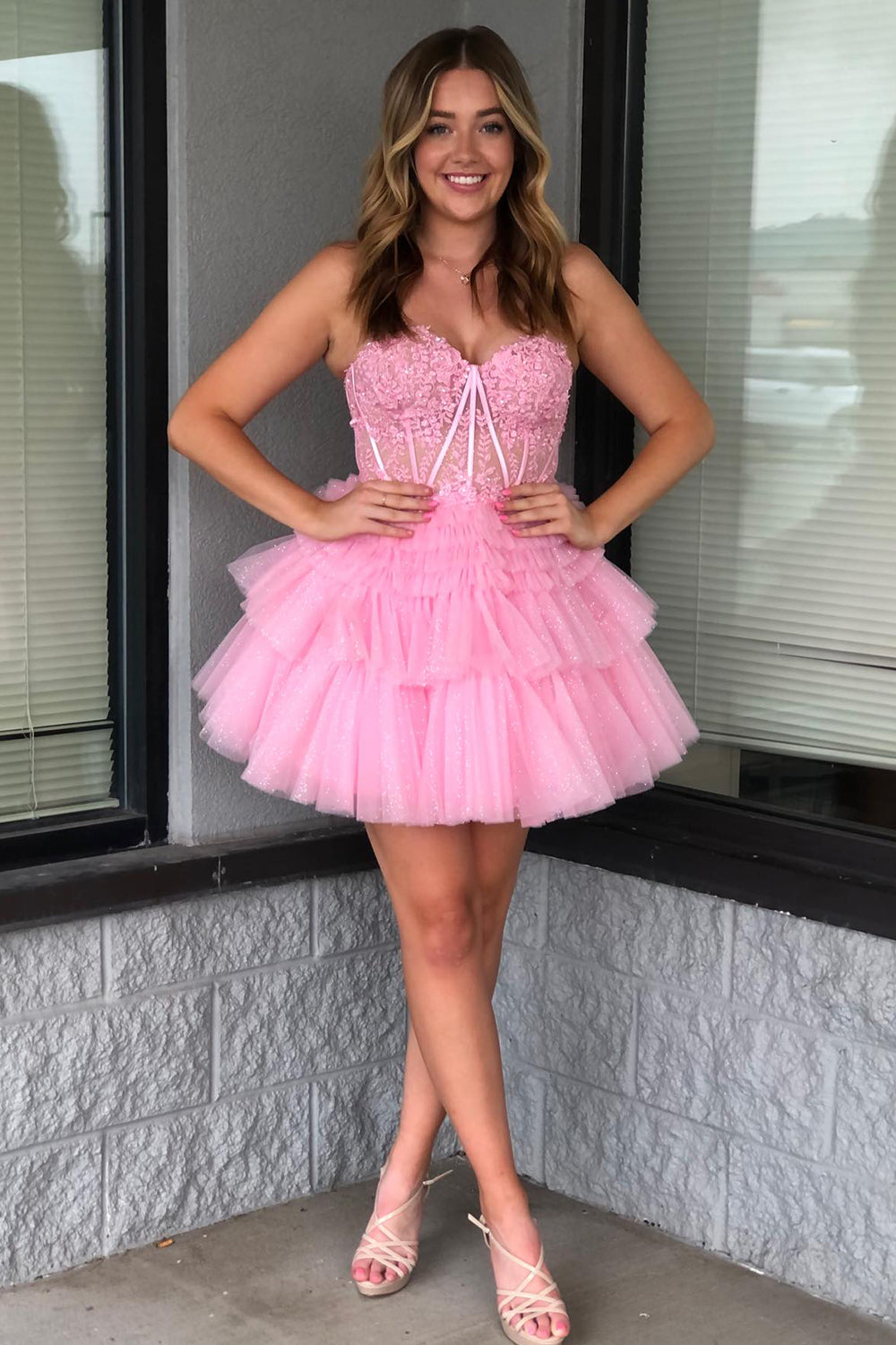 Pink Homecoming Dress Corset Tiered Short A-Line Tulle Cocktail Party Dresses with Lace