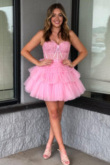 Pink Homecoming Dress Corset Tiered Short A-Line Tulle Cocktail Party Dresses with Lace