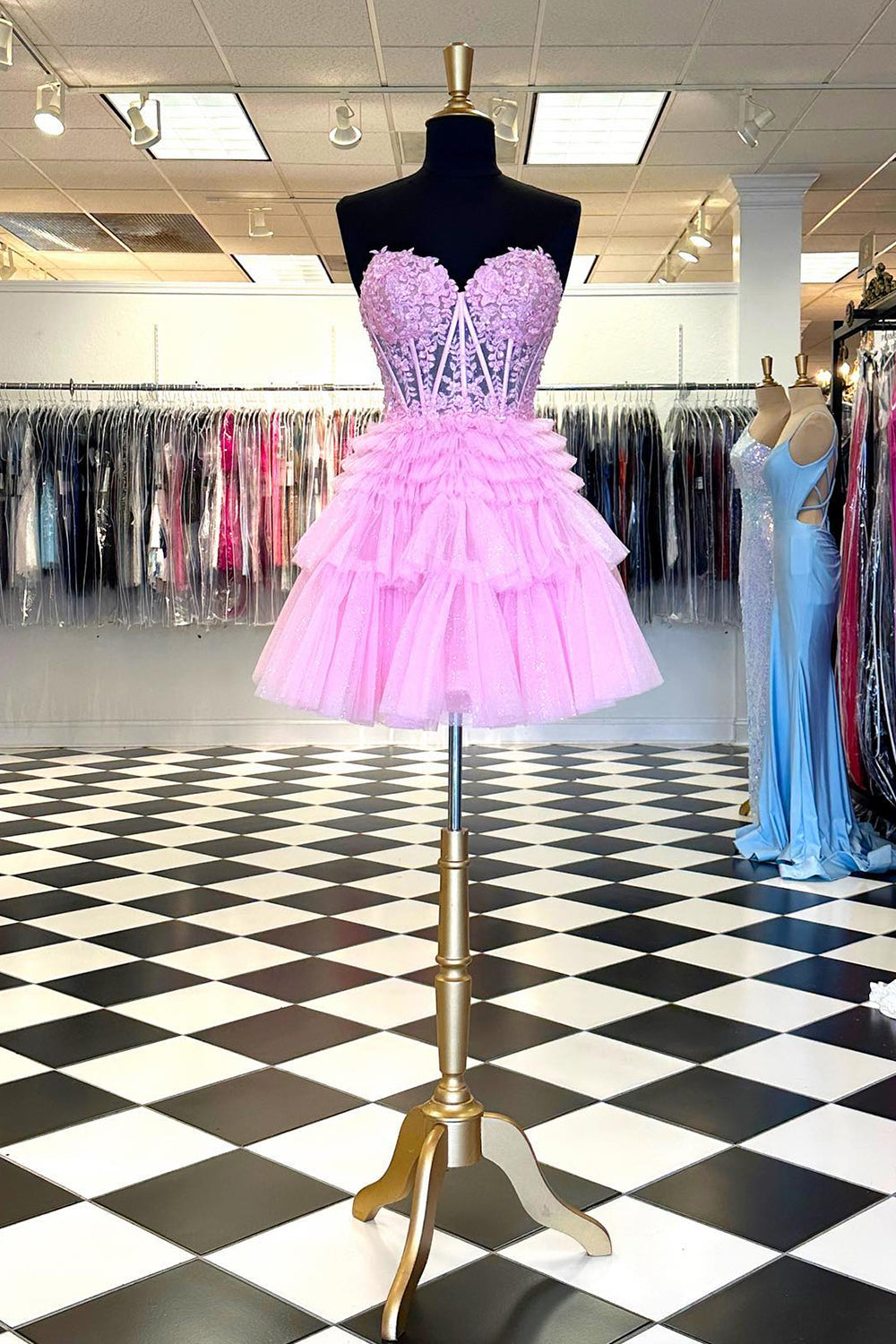 Pink Homecoming Dress Corset Tiered Short A-Line Tulle Cocktail Party Dresses with Lace