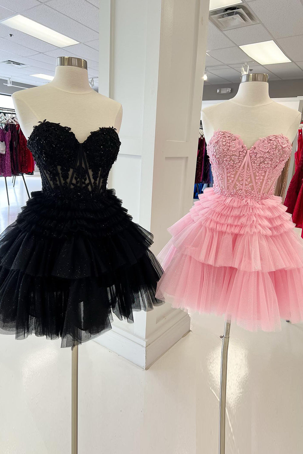 Pink Homecoming Dress Corset Tiered Short A-Line Tulle Cocktail Party Dresses with Lace