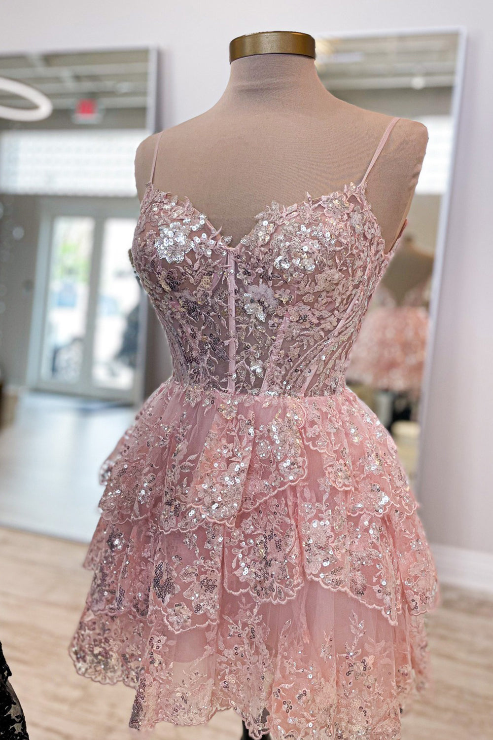 Pink Homecoming Dress Corset Top Spaghetti Straps A-Line Lace Short Cocktail Dresses