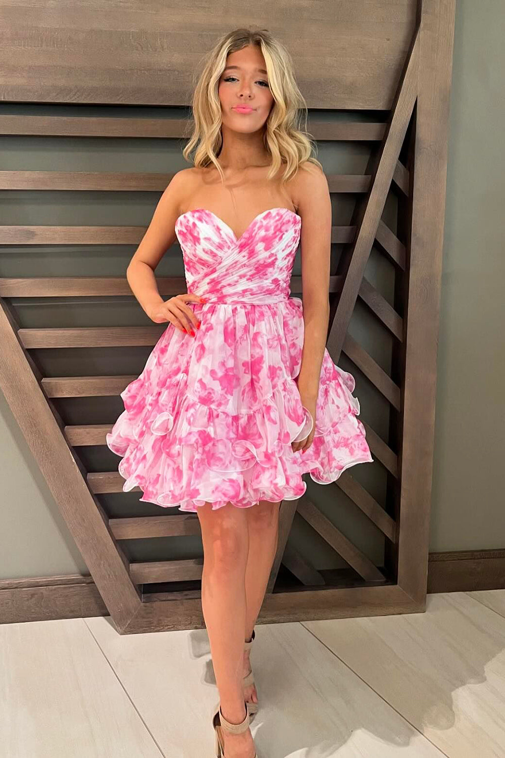 Pink Homecoming Dress Floral A Line Tiered Short Prom Dress
