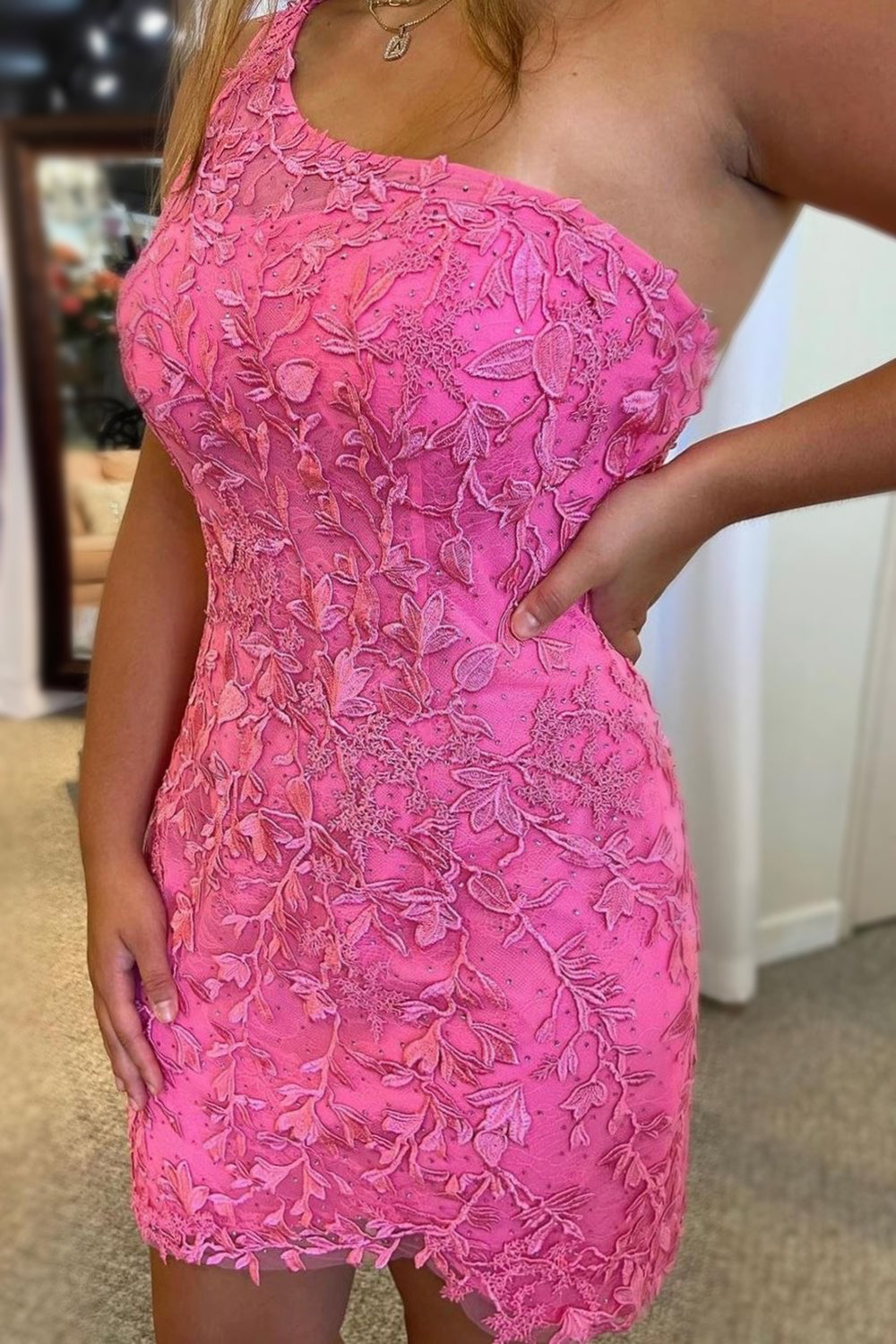 Pink Homecoming Dress One Shoulder Lace Tight Short Cocktail Dresses with Beading
