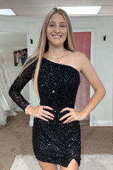 Pink Homecoming Dress One Shoulder One Sleeve Sequin Tight Short Prom Dress