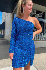 Pink Homecoming Dress One Shoulder One Sleeve Sequin Tight Short Prom Dress
