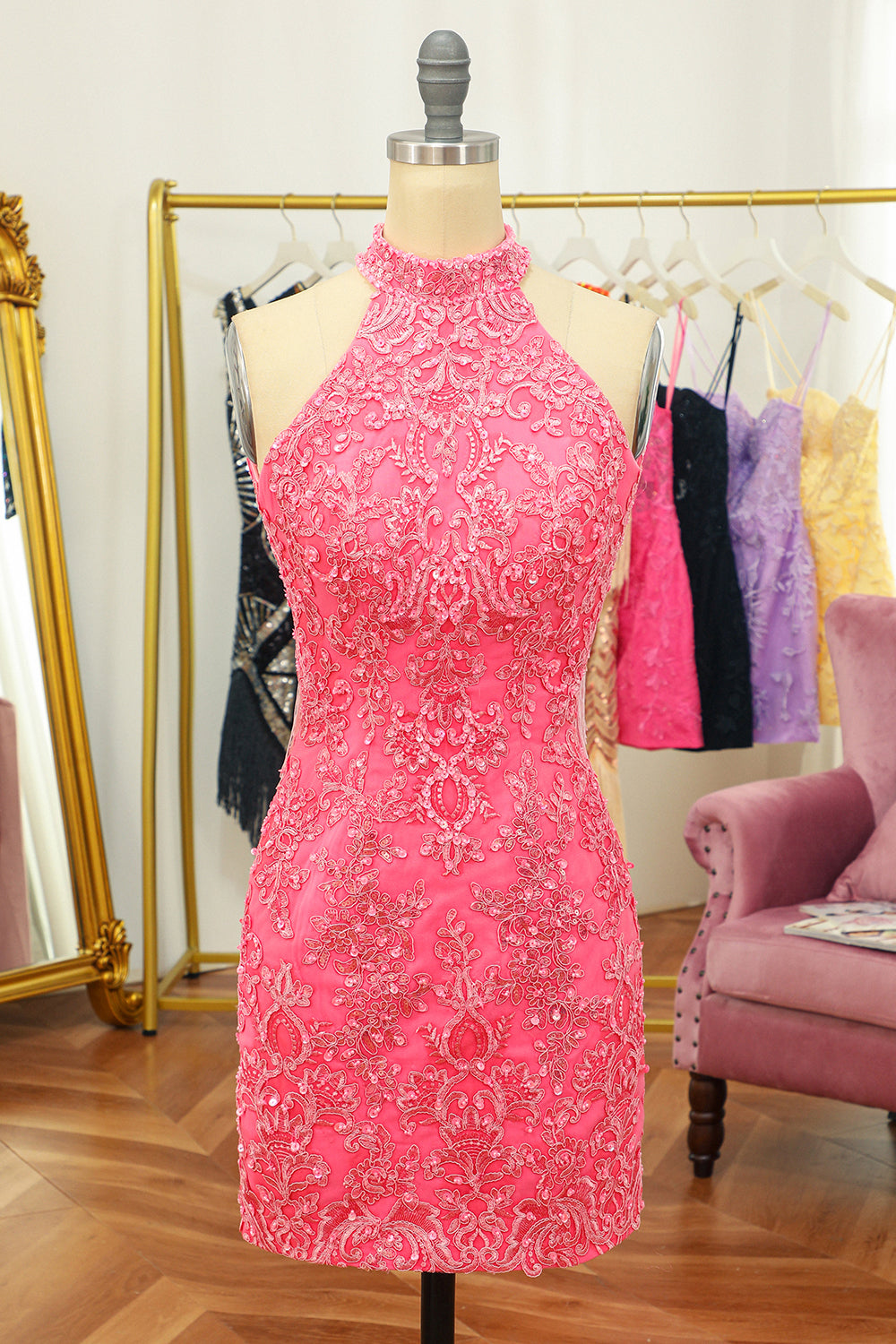 Pink Homecoming Dress Open Back Halter Lace Tight Cocktail Party Dresses