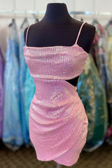 Pink Homecoming Dress Sequin Cut Out Tight Short Prom Dress