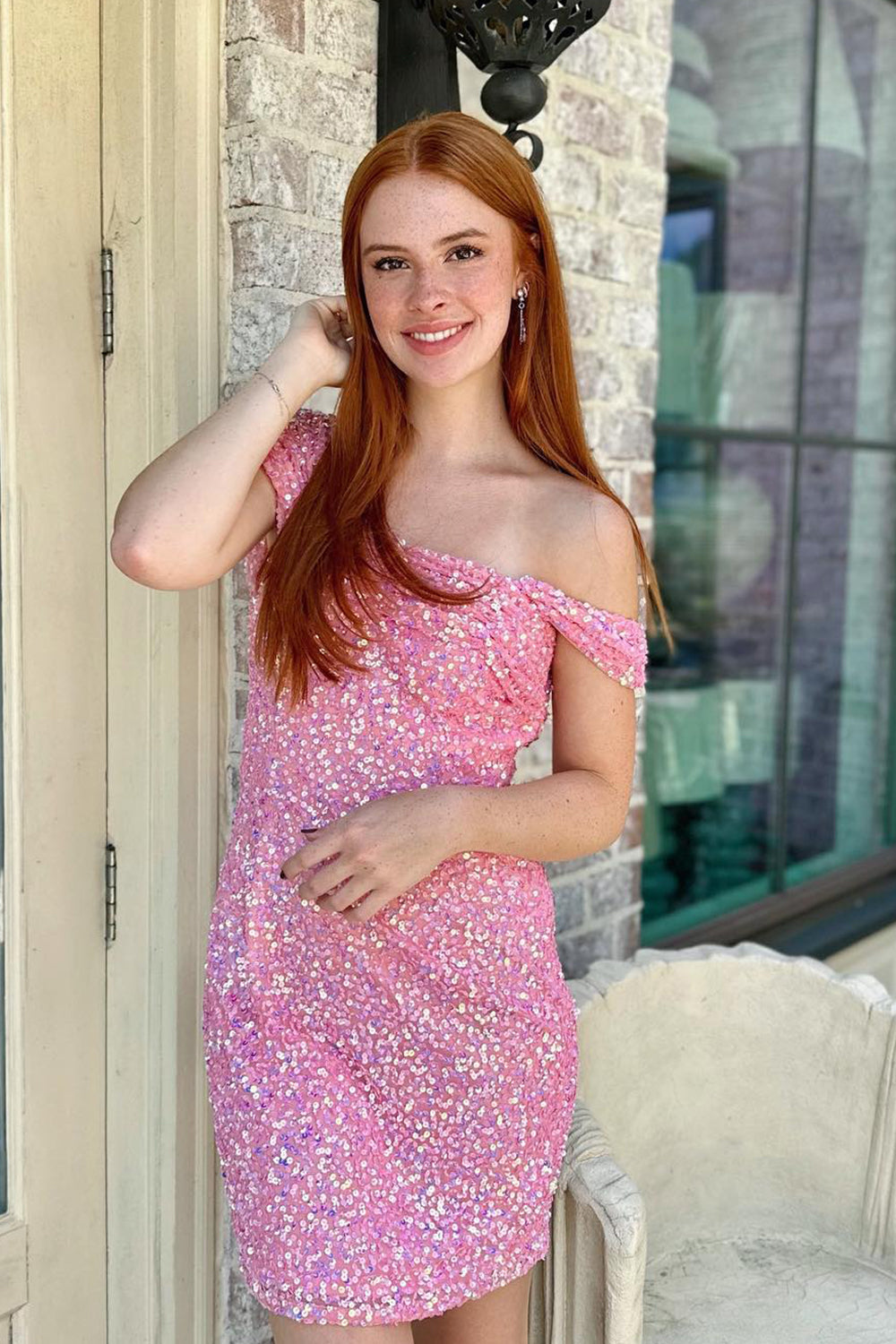 Pink Homecoming Dress Sequin One Shoulder Tight Short Cocktail Dresses