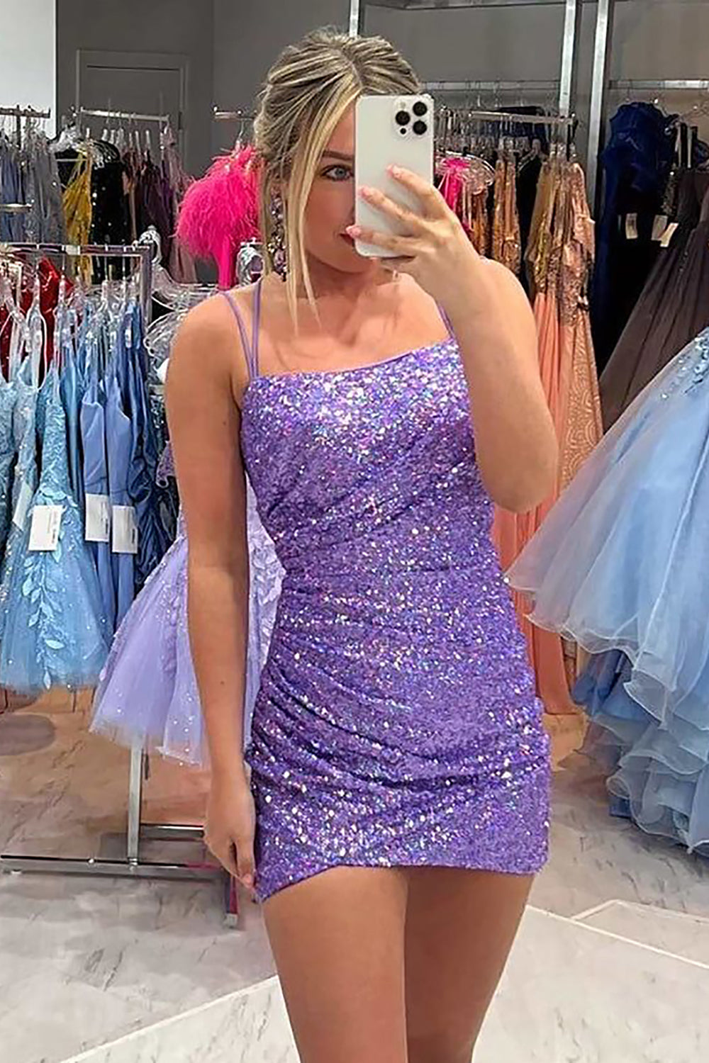 Pink Homecoming Dress Sequin Spaghetti Straps Sleeveless Tight Short Prom Dress