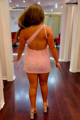 Pink Homecoming Dress Sequined Backless Tight Prom Dress with Feathers