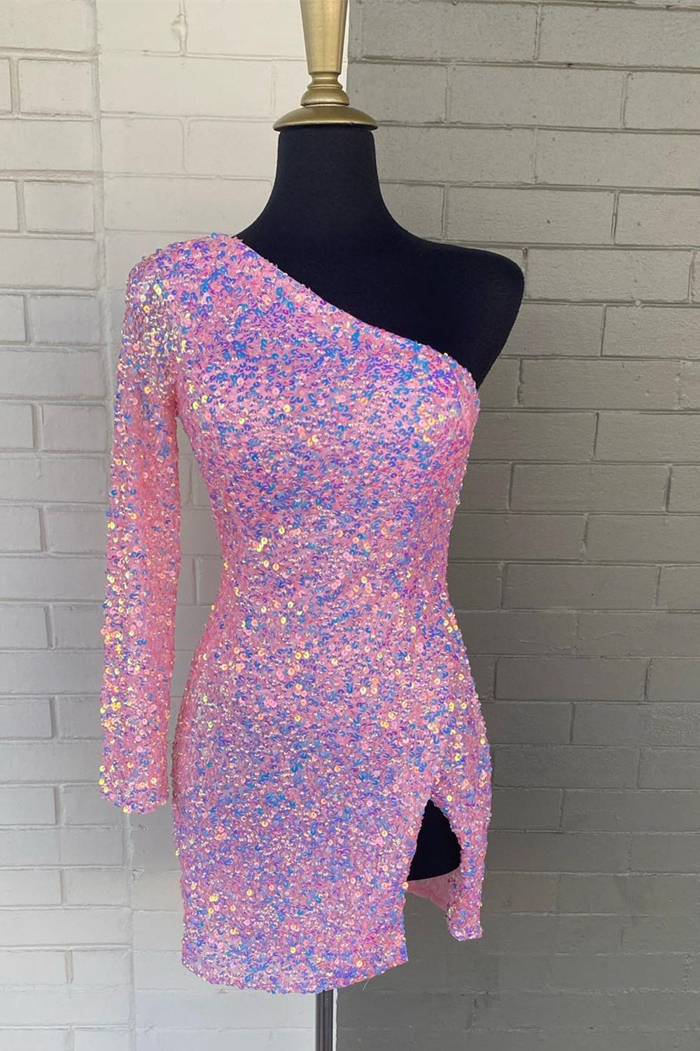Pink Homecoming Dress Sequined One Shoulder One Sleeve Tight Short Prom Dress with Slit