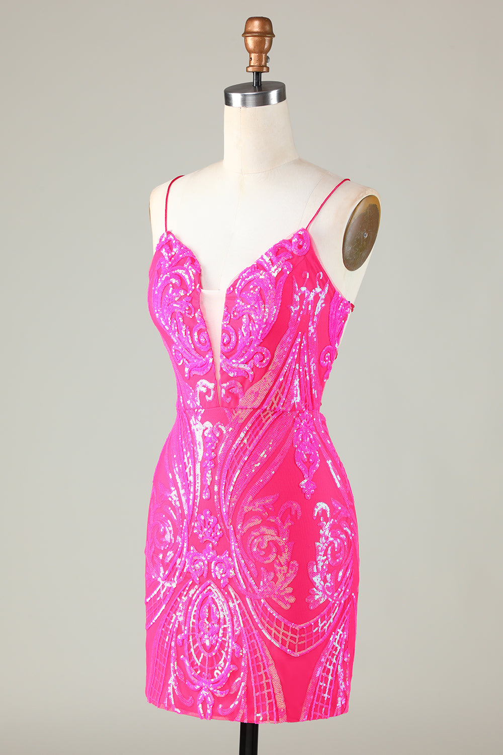 Pink Homecoming Dress Spaghetti Straps Backless Tight Sequin Short Cocktail Dresses