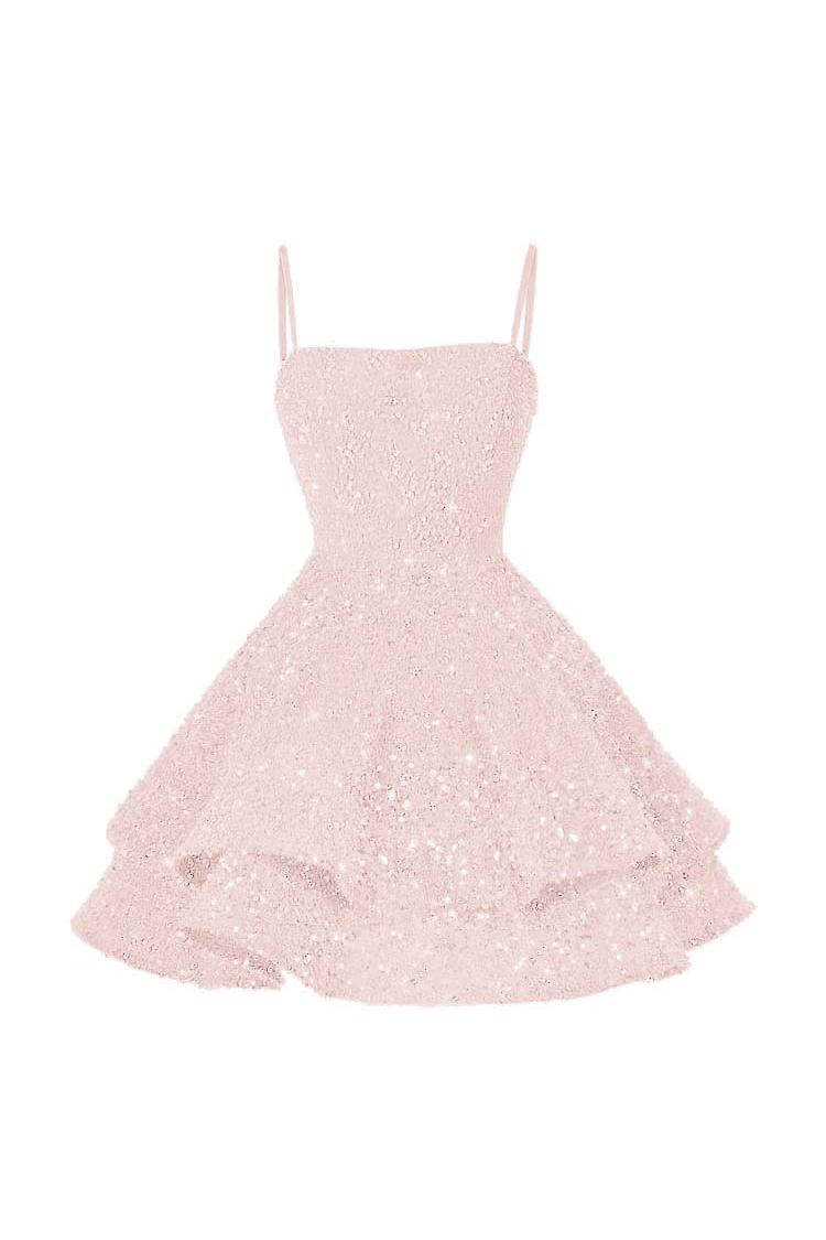 Pink Homecoming Dress Spaghetti Straps Sleeveless Ball Gown Short Dress With Sequins