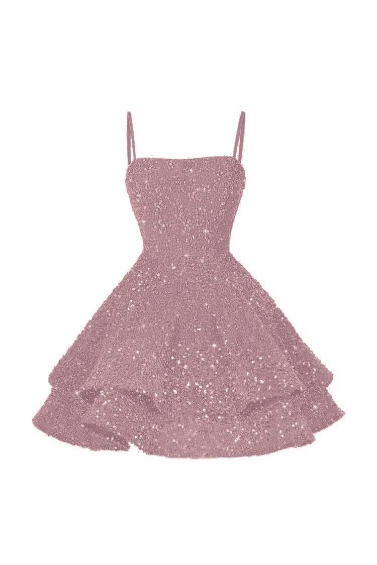 Pink Homecoming Dress Spaghetti Straps Sleeveless Ball Gown Short Dress With Sequins