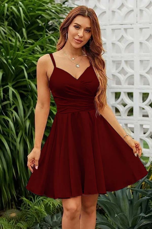 Pink Homecoming Dress Spaghetti Straps Sleeveless V Neck Pleated Short Dress