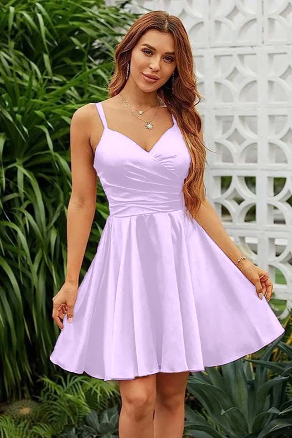 Pink Homecoming Dress Spaghetti Straps Sleeveless V Neck Pleated Short Dress