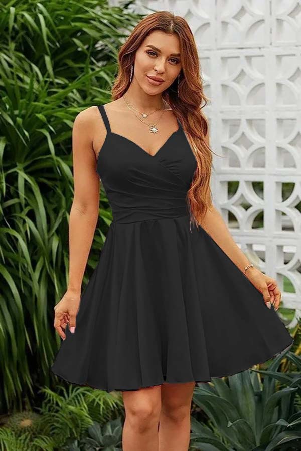 Pink Homecoming Dress Spaghetti Straps Sleeveless V Neck Pleated Short Dress