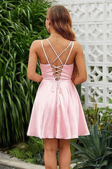 Pink Homecoming Dress Spaghetti Straps Sleeveless V Neck Pleated Short Dress