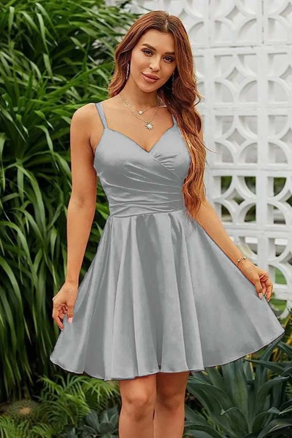 Pink Homecoming Dress Spaghetti Straps Sleeveless V Neck Pleated Short Dress